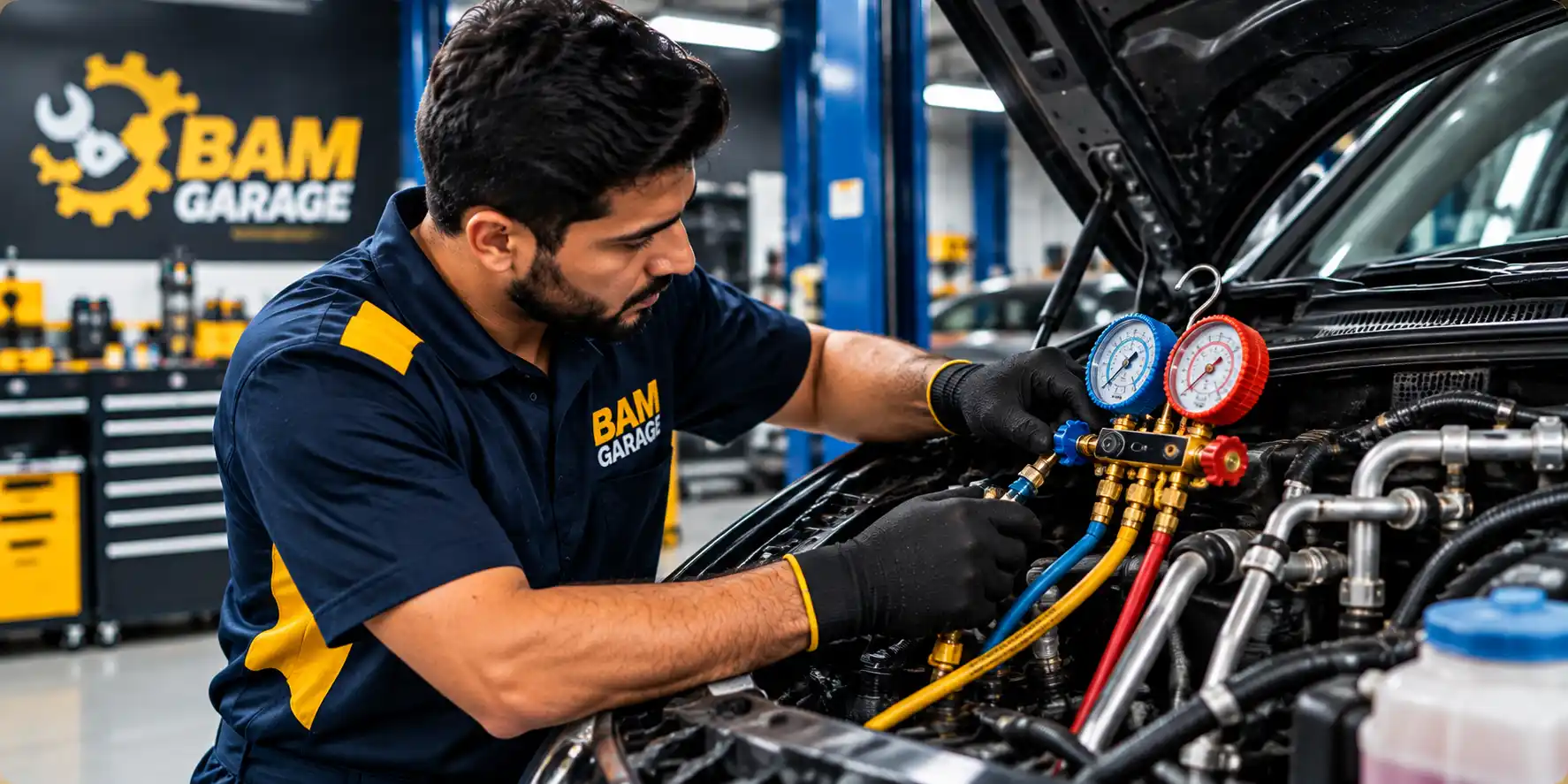 Mechanic servicing a car air-conditioning system