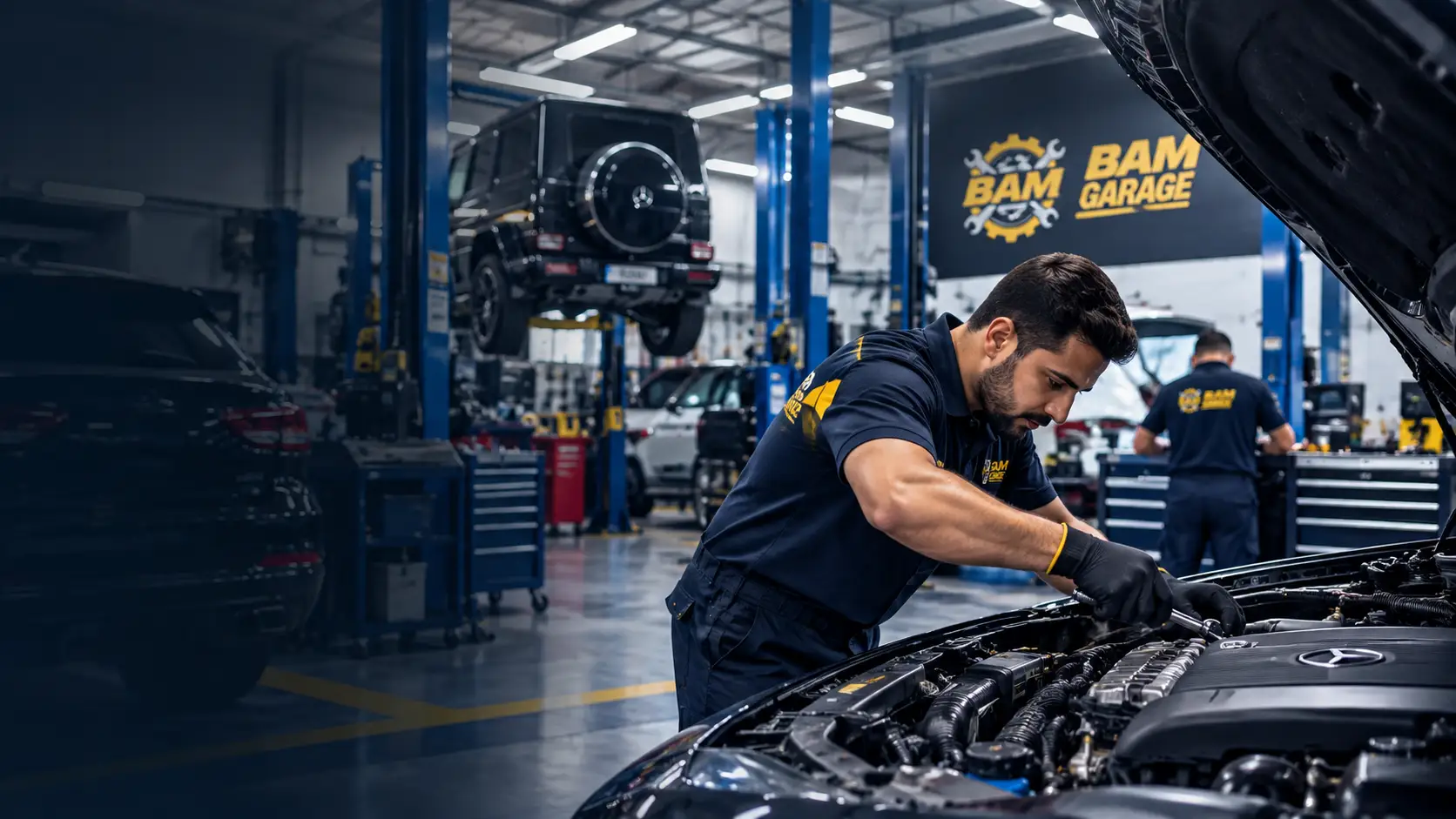 Professional mechanic working at BAM Auto Garage in Ajman