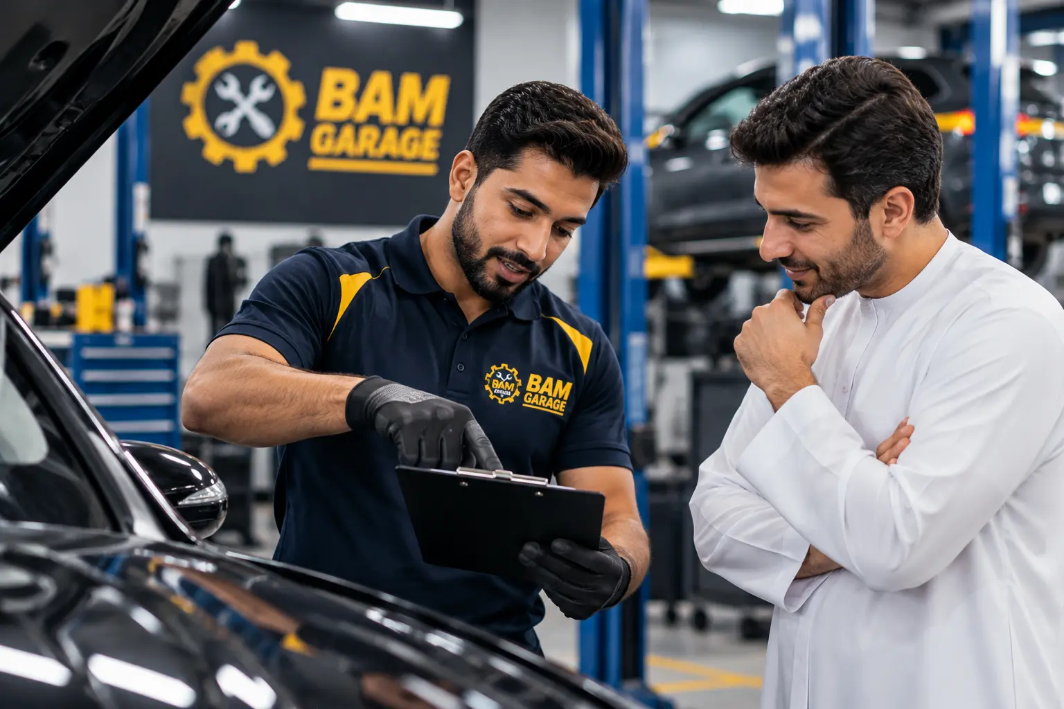 Mechanic discussing vehicle service with a customer at BAM Garage