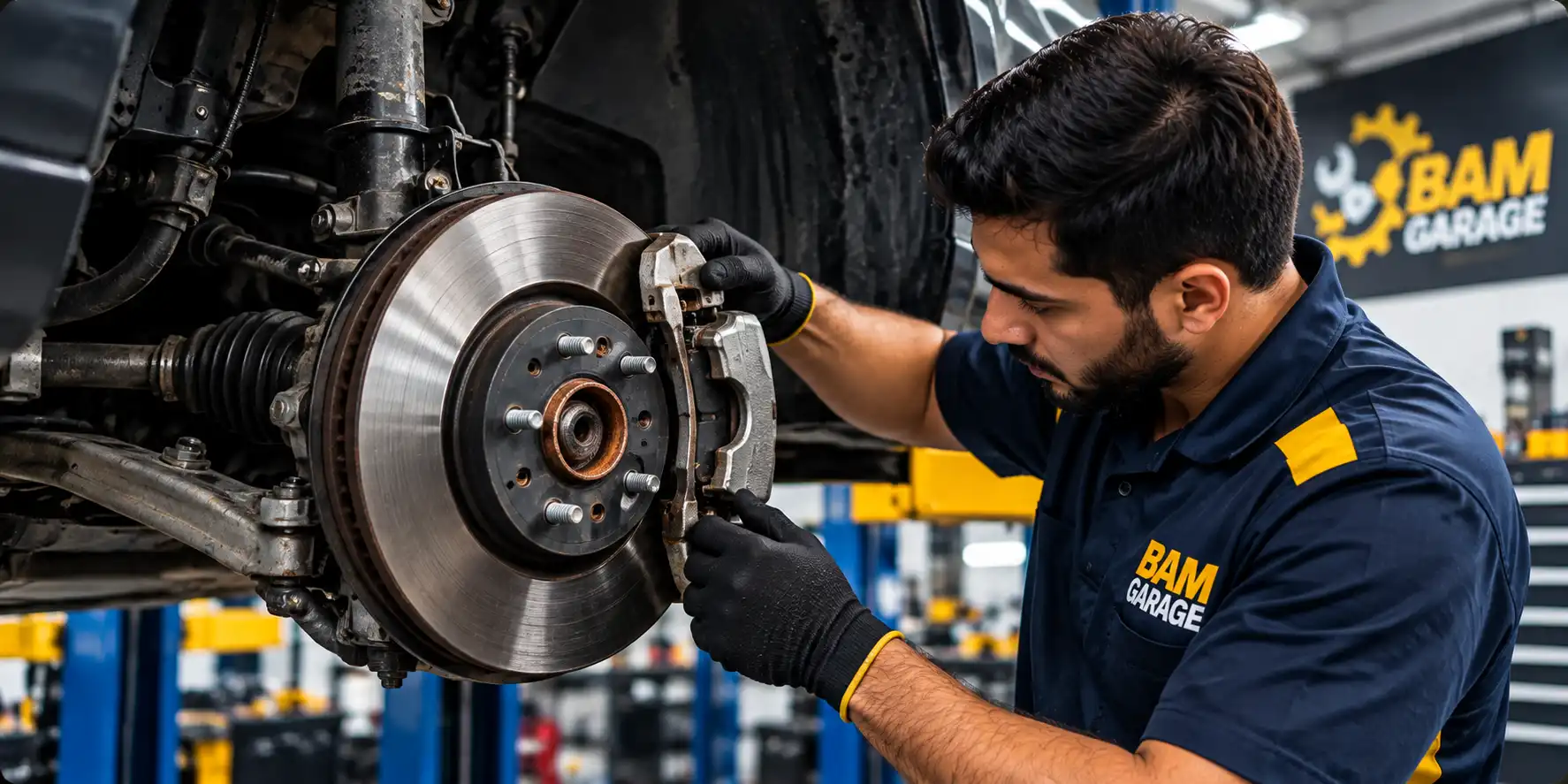 Mechanic installing a brake caliper at BAM Garage