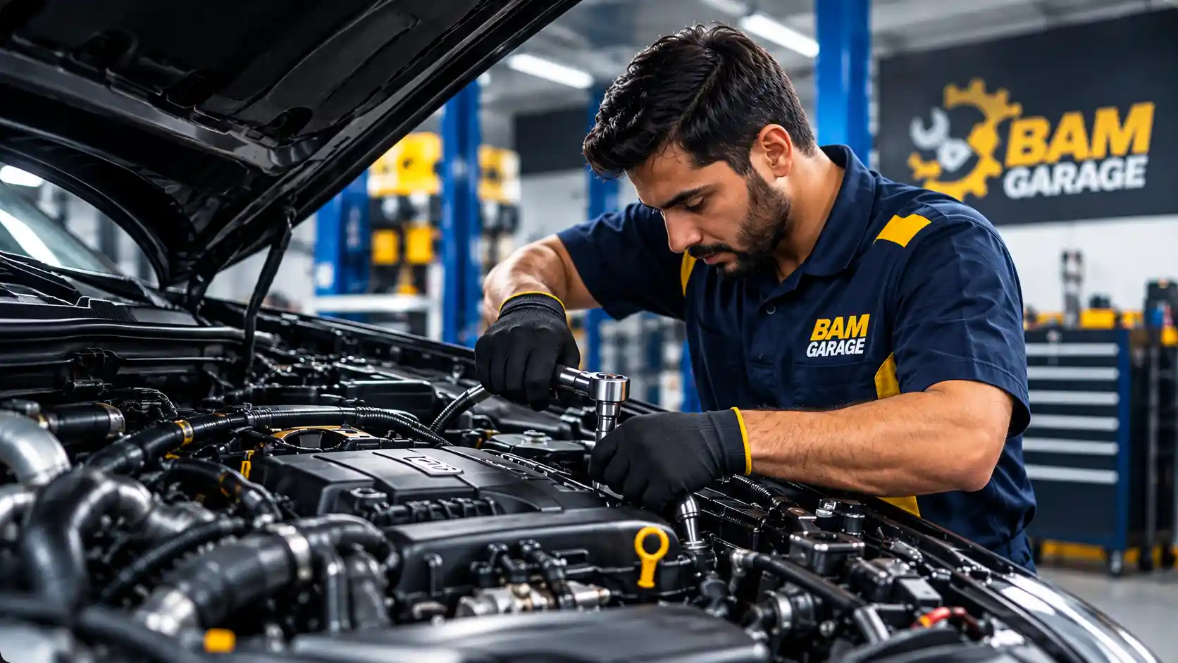 Mechanic tuning a car engine at BAM Garage