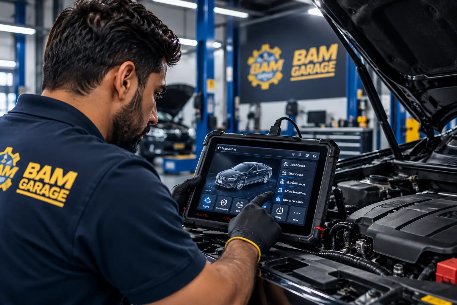 Mechanic using a diagnostic scanner at BAM Auto Garage